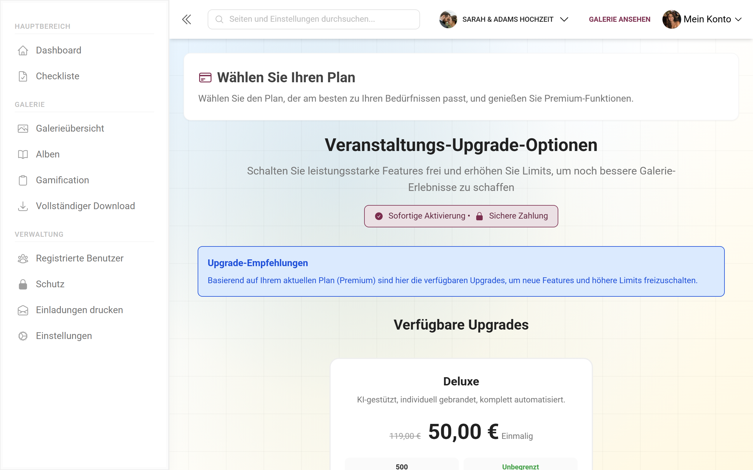 Paket-Bereich mit aktuellem Plan, Upgrade-Karten und Zusatzoptionen