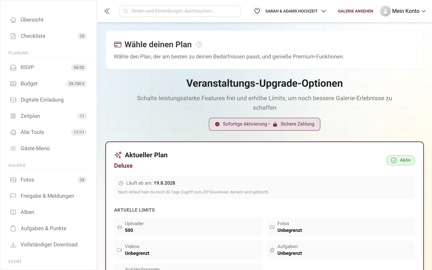 Paket-Bereich des Gastgebers mit aktuellem Plan und Limits