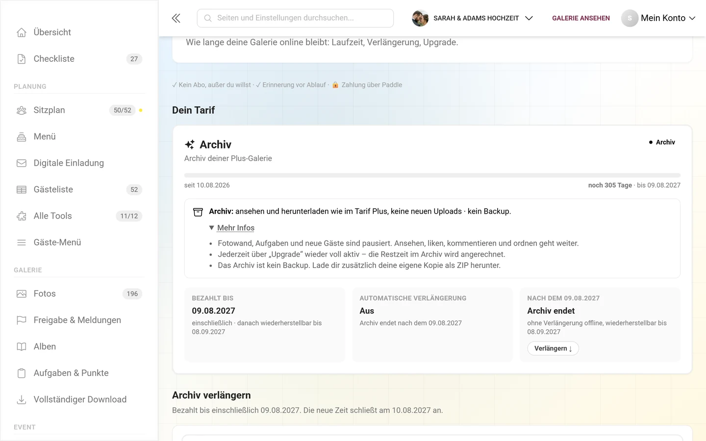 Karte Dein Tarif im Archiv mit violettem Rahmen, Pille Archiv, Laufzeitbalken und aufgeklapptem Hinweis zum Archiv