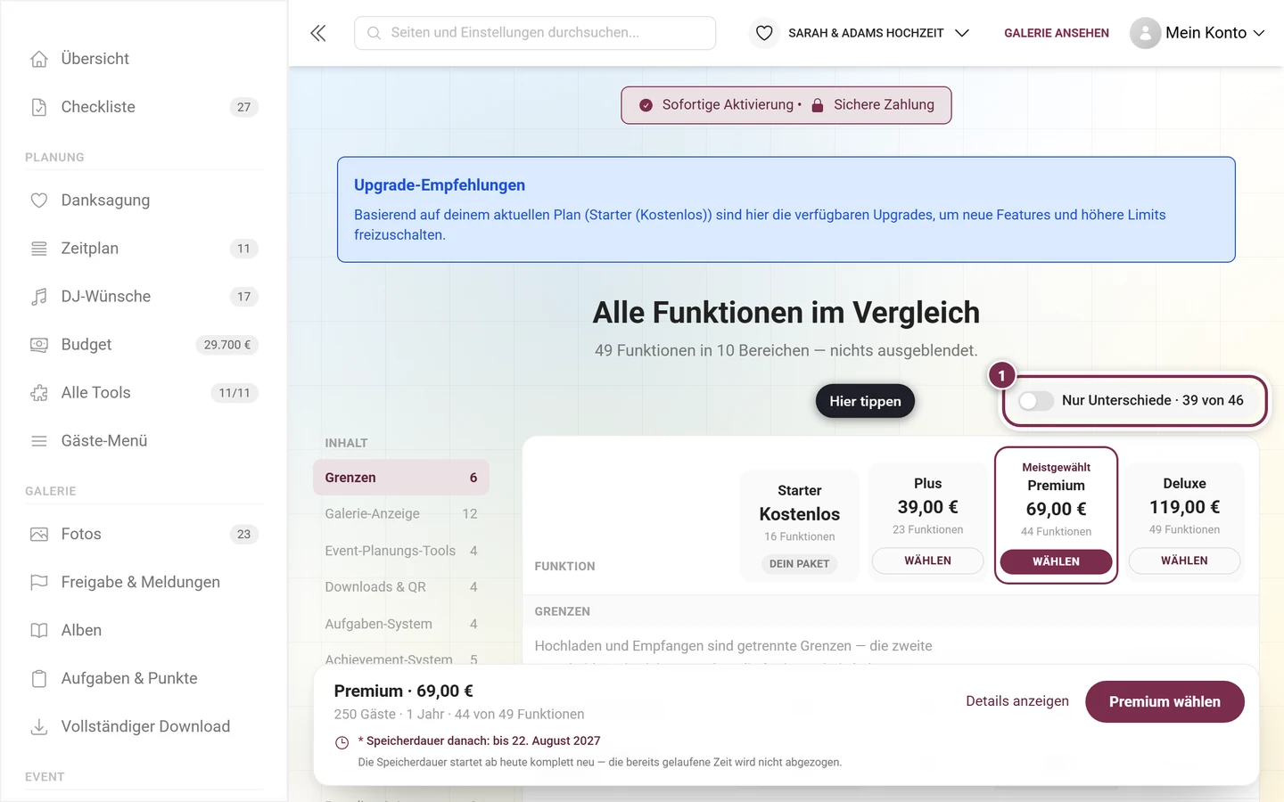 Paket-Vergleichstabelle auf der Preisseite mit hervorgehobenem Filter für Unterschiede