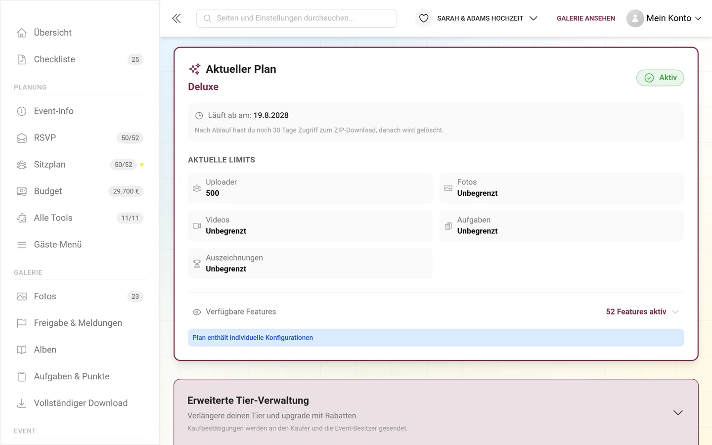Karte Aktueller Plan mit Paketnamen, Ablaufdatum und Limits