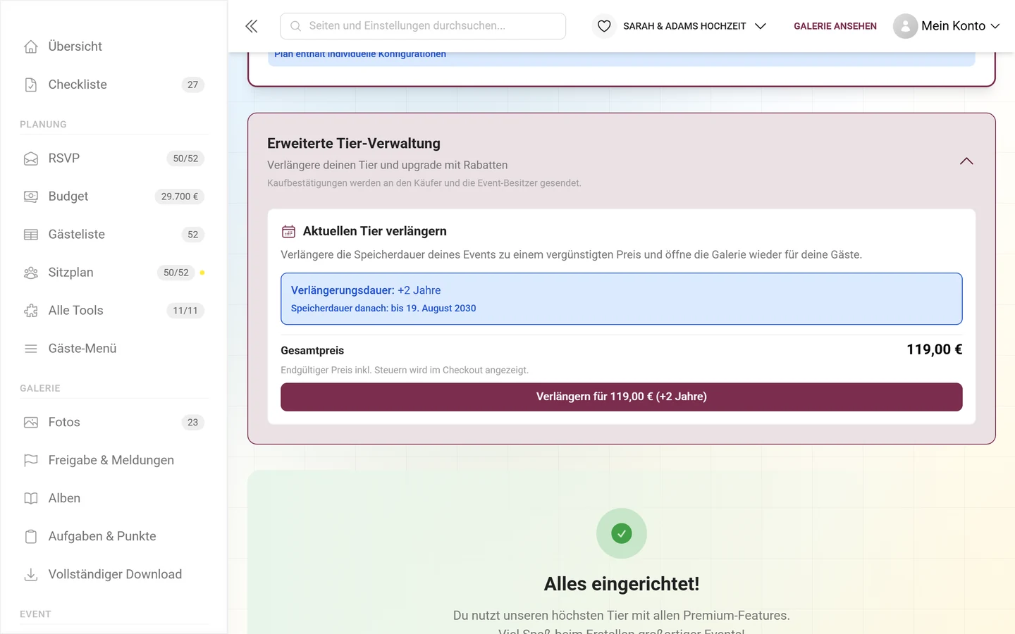 Aufgeklappte Box Erweiterte Tier-Verwaltung mit Verlängerungsdauer, Ergebnisdatum, Gesamtpreis und Kauf-Knopf