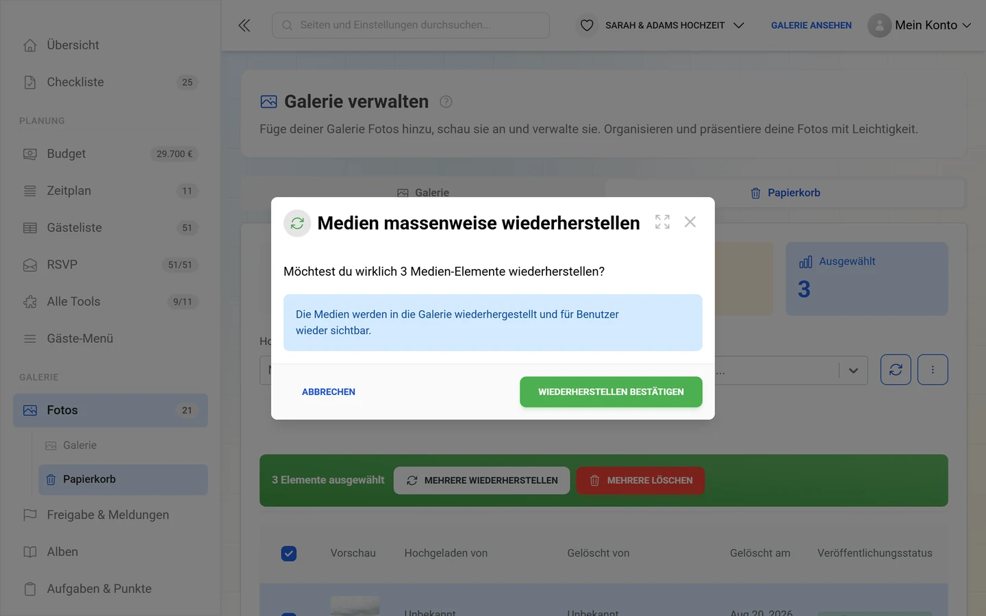 Dialog Medien massenweise wiederherstellen mit Anzahl und blauem Hinweisfeld
