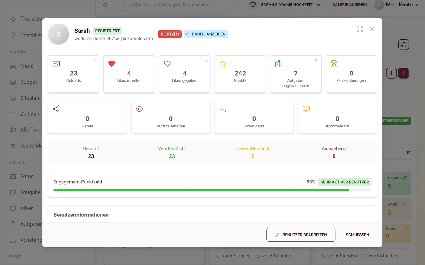 Detail-Dialog eines Nutzers mit Kennzahl-Kacheln, Upload-Überblick und Engagement-Balken