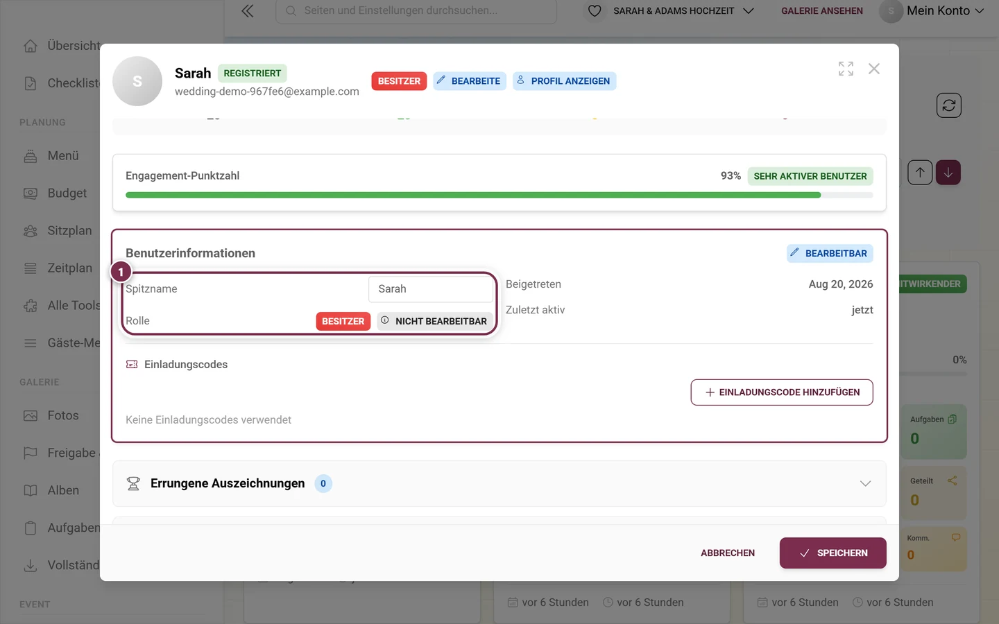 Detail-Dialog eines Teilnehmers im Bearbeiten-Modus mit hervorgehobener Rollen-Zeile
