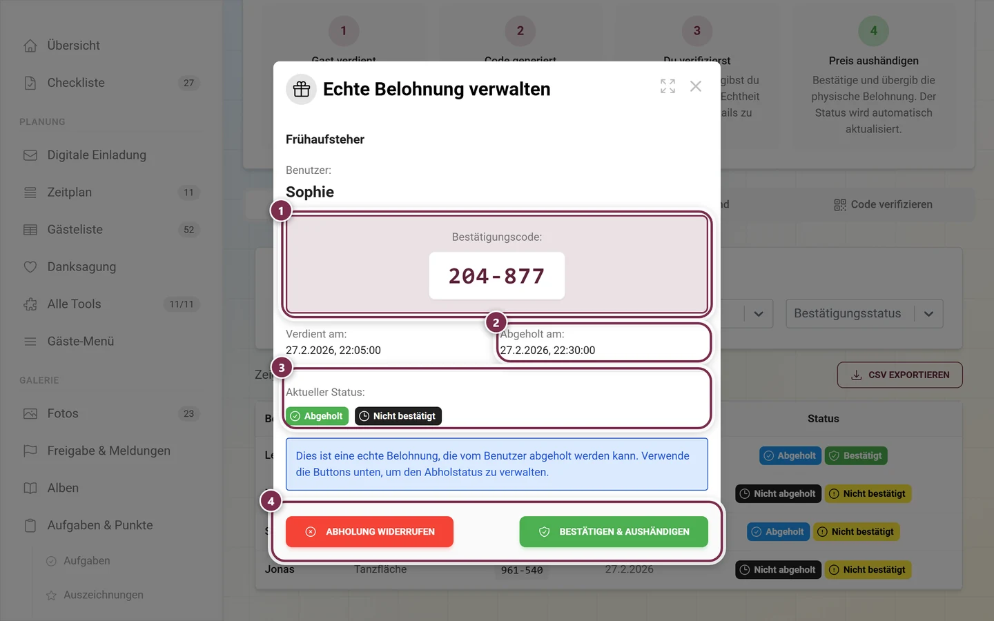 Dialog Echte Belohnung verwalten mit markiertem Code, Abholdatum, Status-Chips und den beiden Schaltflaechen