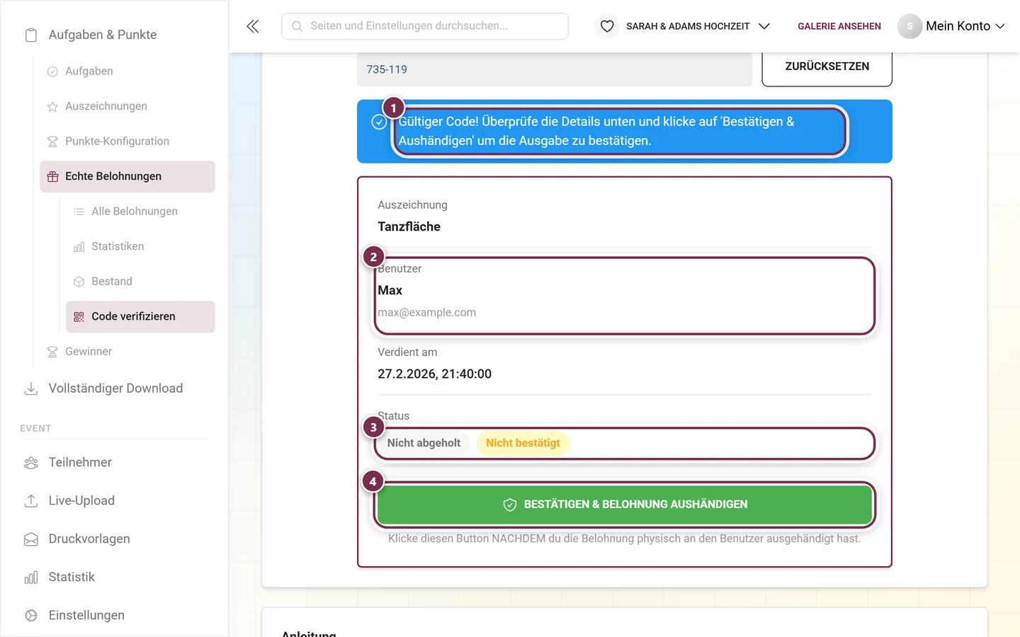 Reiter Code verifizieren nach erfolgreicher Pruefung mit Meldung, Detailkarte, Status-Chips und gruenem Knopf