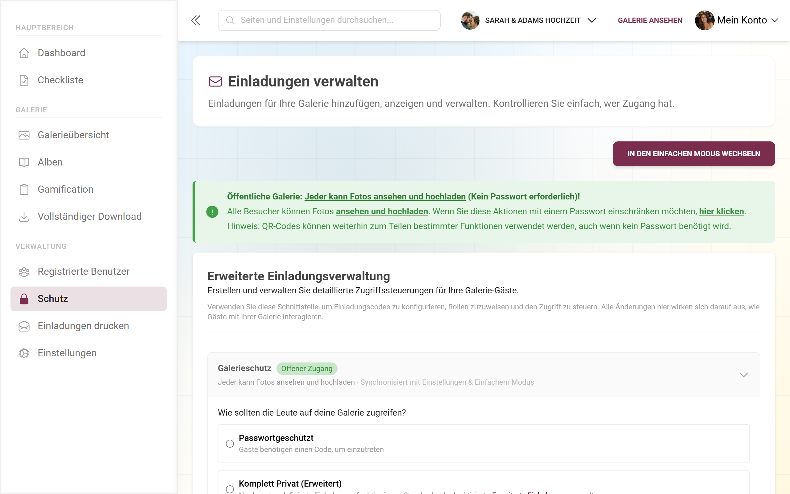 Erweiterter Modus der Einladungsverwaltung mit benutzerdefinierten Rollen und Berechtigungen