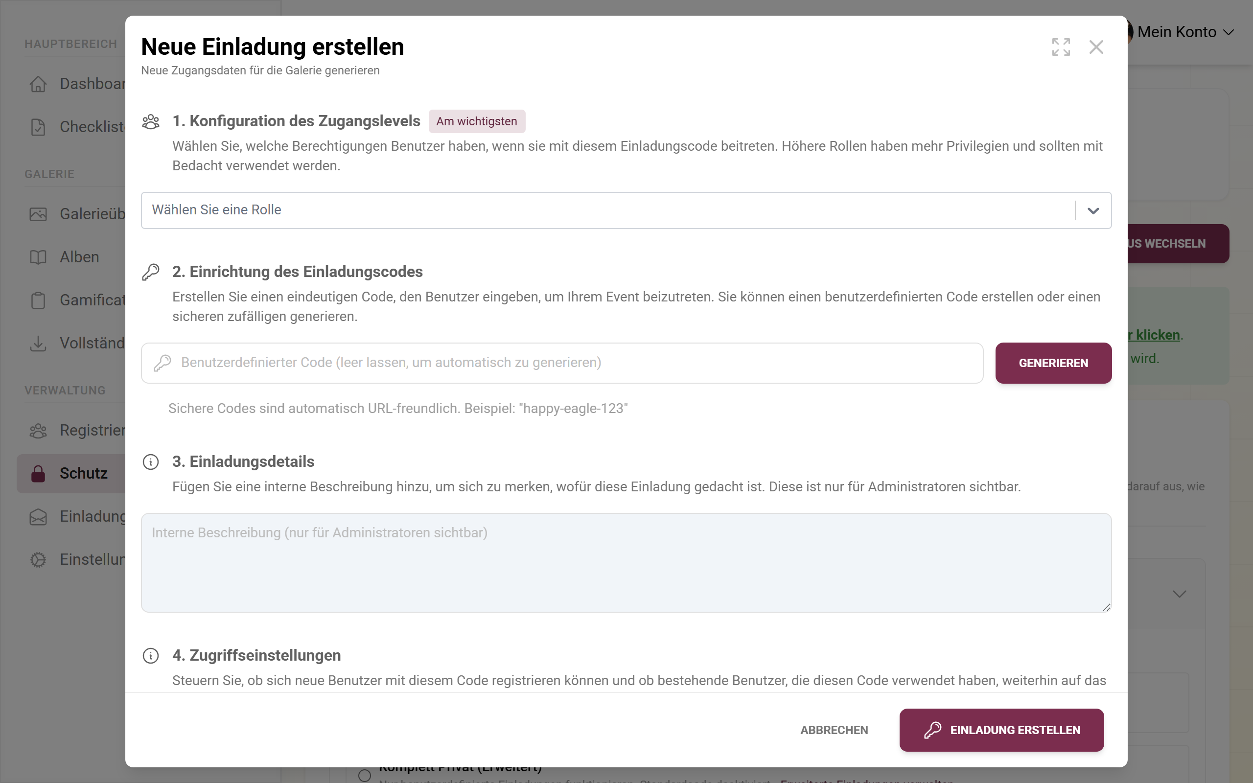 Dialog zum Anlegen einer benutzerdefinierten Rolle mit Rollenauswahl und Einladungscode