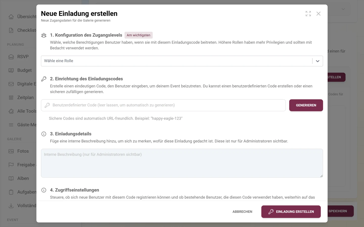 Dialog zum Anlegen einer Einladung mit Rollenauswahl und Einladungscode