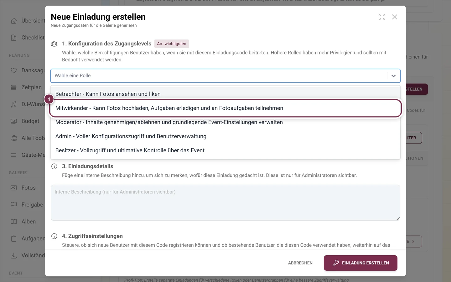 Aufgeklappte Rollenauswahl im Einladungs-Dialog mit hervorgehobenem Eintrag Mitwirkender
