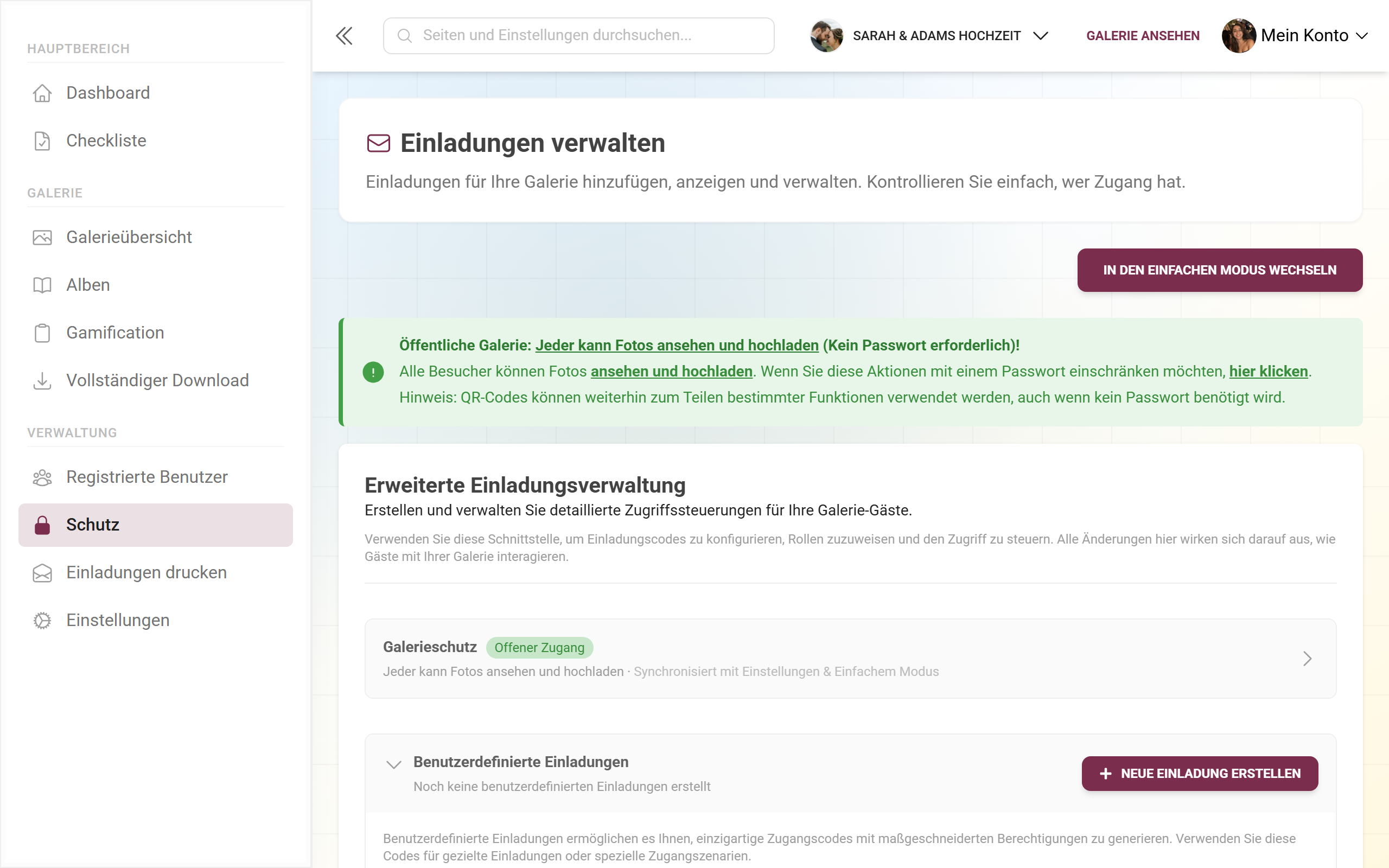 Erweiterter Modus mit der Tabelle eigener Einladungscodes, Rollen-Chips und Aktionen