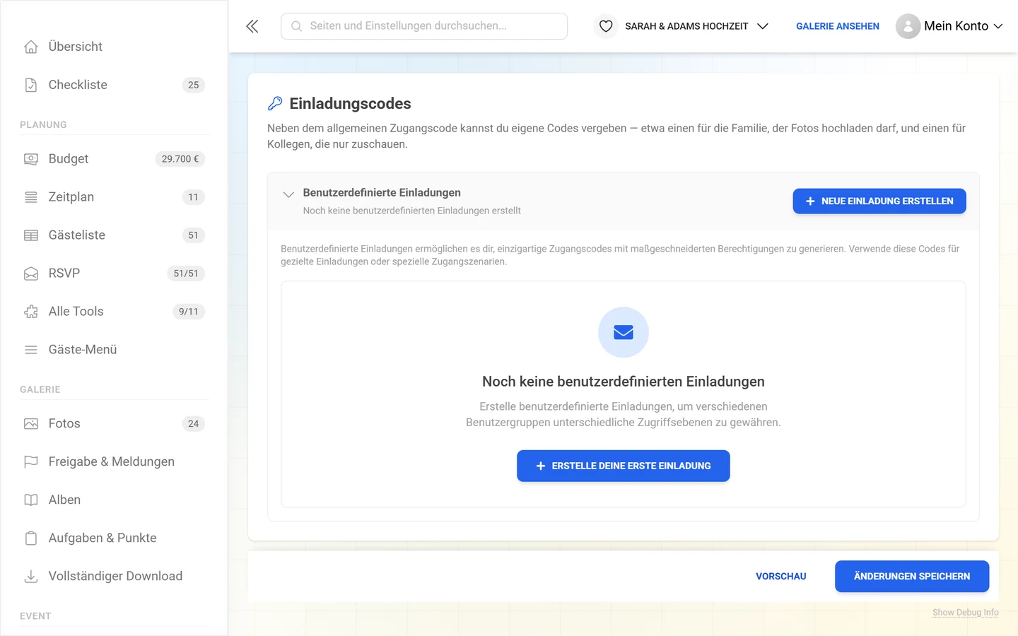 Der Block Benutzerdefinierte Einladungen mit eigenen Rollen und Berechtigungen