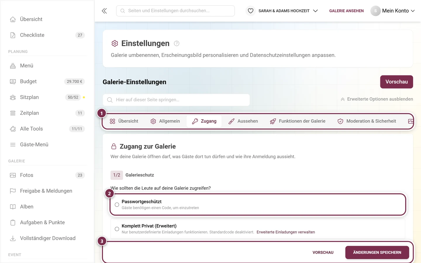 Der Reiter Zugang der Galerie-Einstellungen mit Galerieschutz, Benutzerberechtigungen und Einladungscodes
