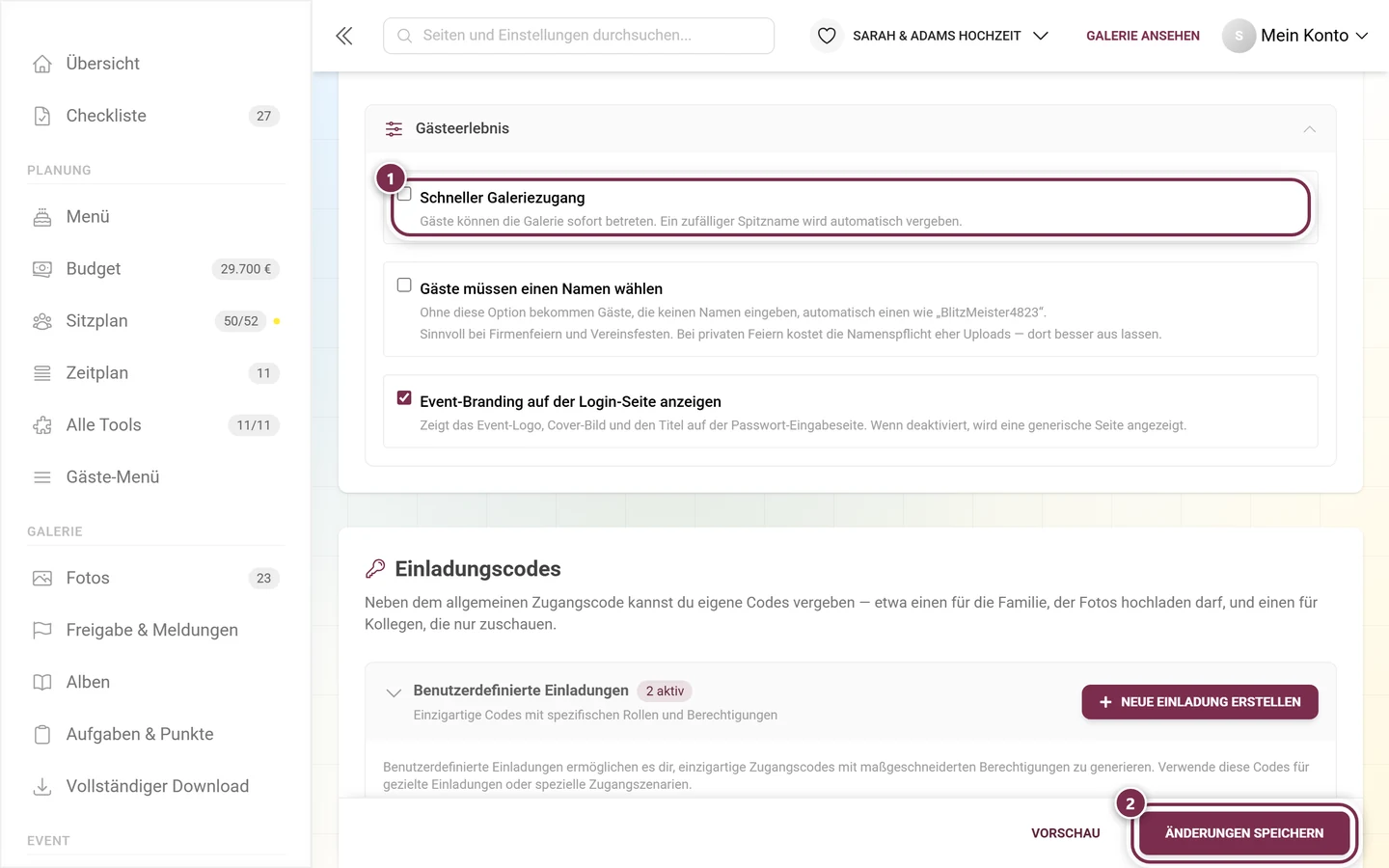 Reiter Zugang mit markierter Zeile Schneller Galeriezugang und markiertem Knopf Änderungen speichern