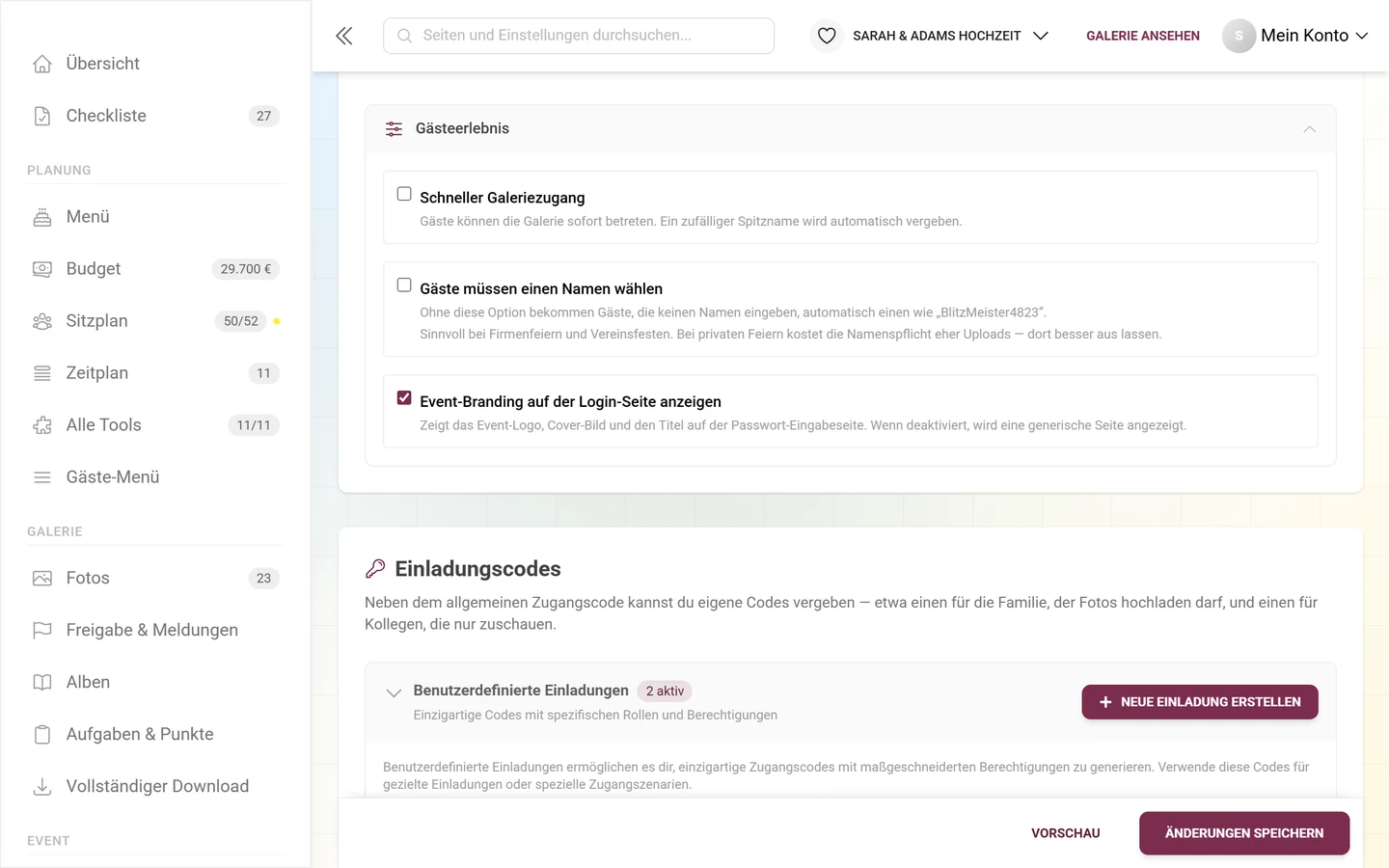 Aufgeklappter Faltbereich Gästeerlebnis mit den Häkchen Schneller Galeriezugang, Gäste müssen einen Namen wählen und Event-Branding auf der Login-Seite anzeigen