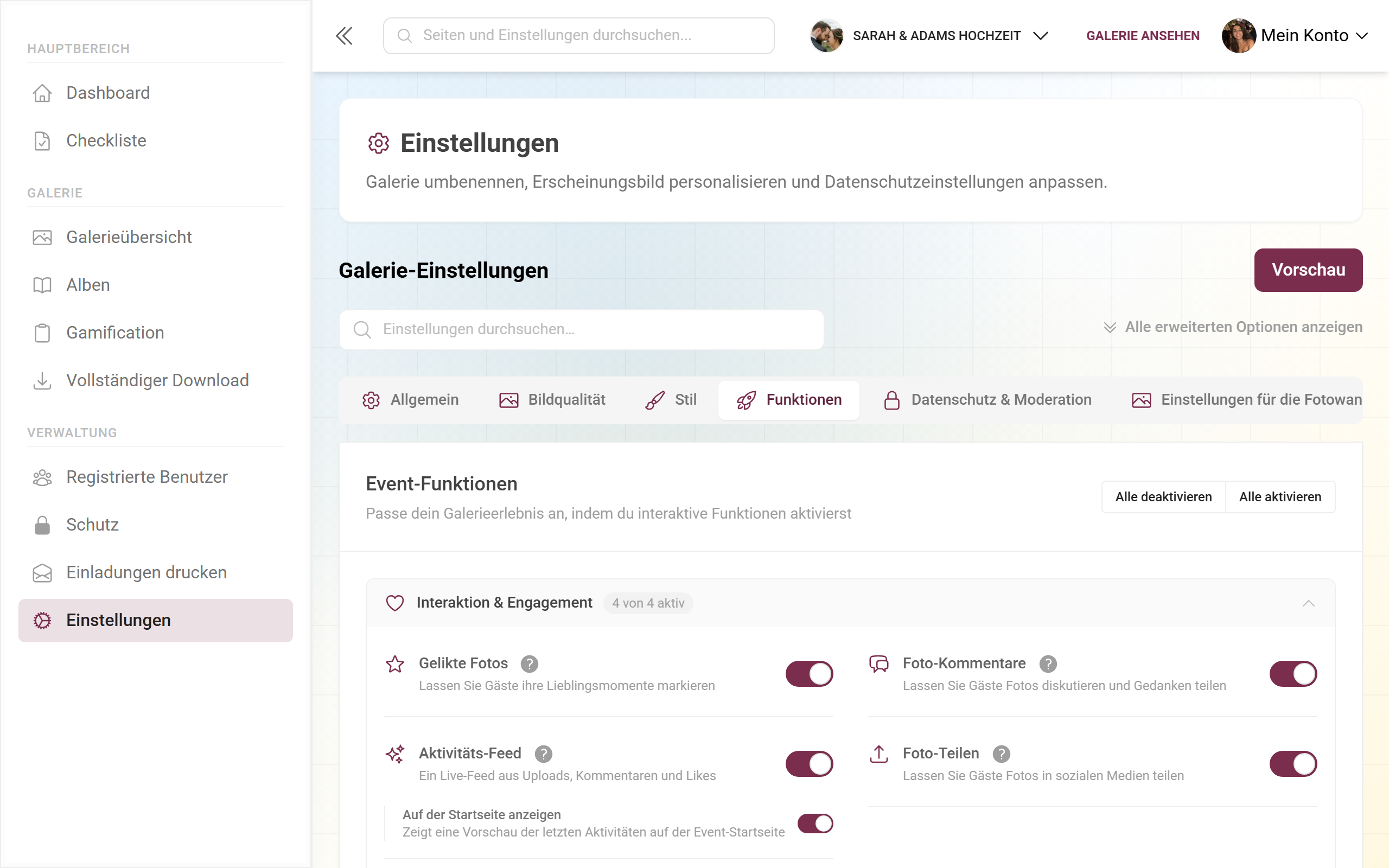 Funktionen-Tab mit Akkordeon-Sektionen und Schaltern für Likes, Kommentare, Downloads und mehr