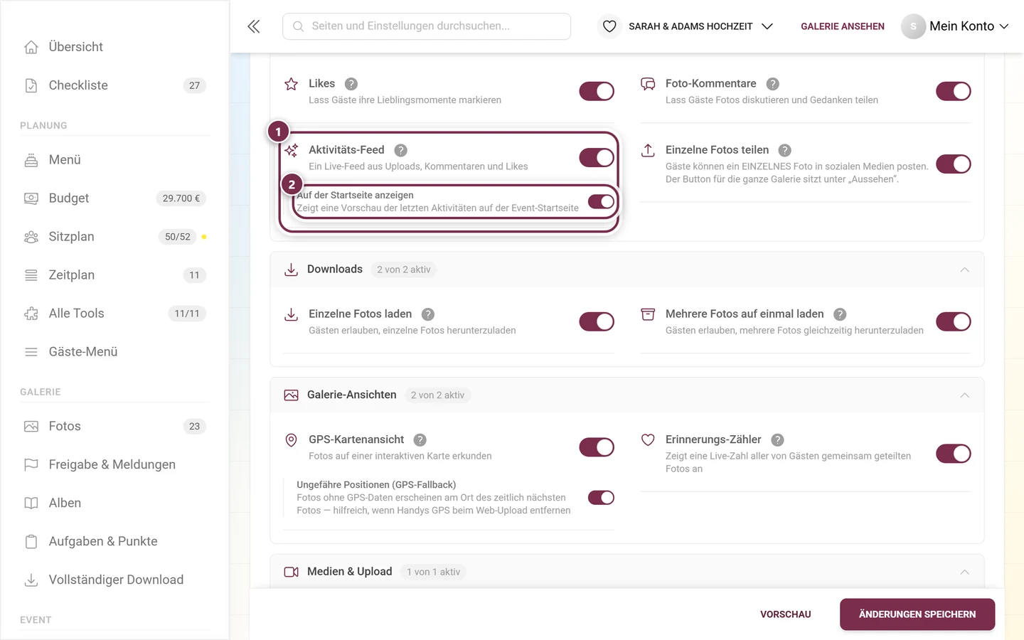 Funktionen-Einstellungen mit markierter Karte Aktivitäts-Feed und dem Unterschalter Auf der Startseite anzeigen