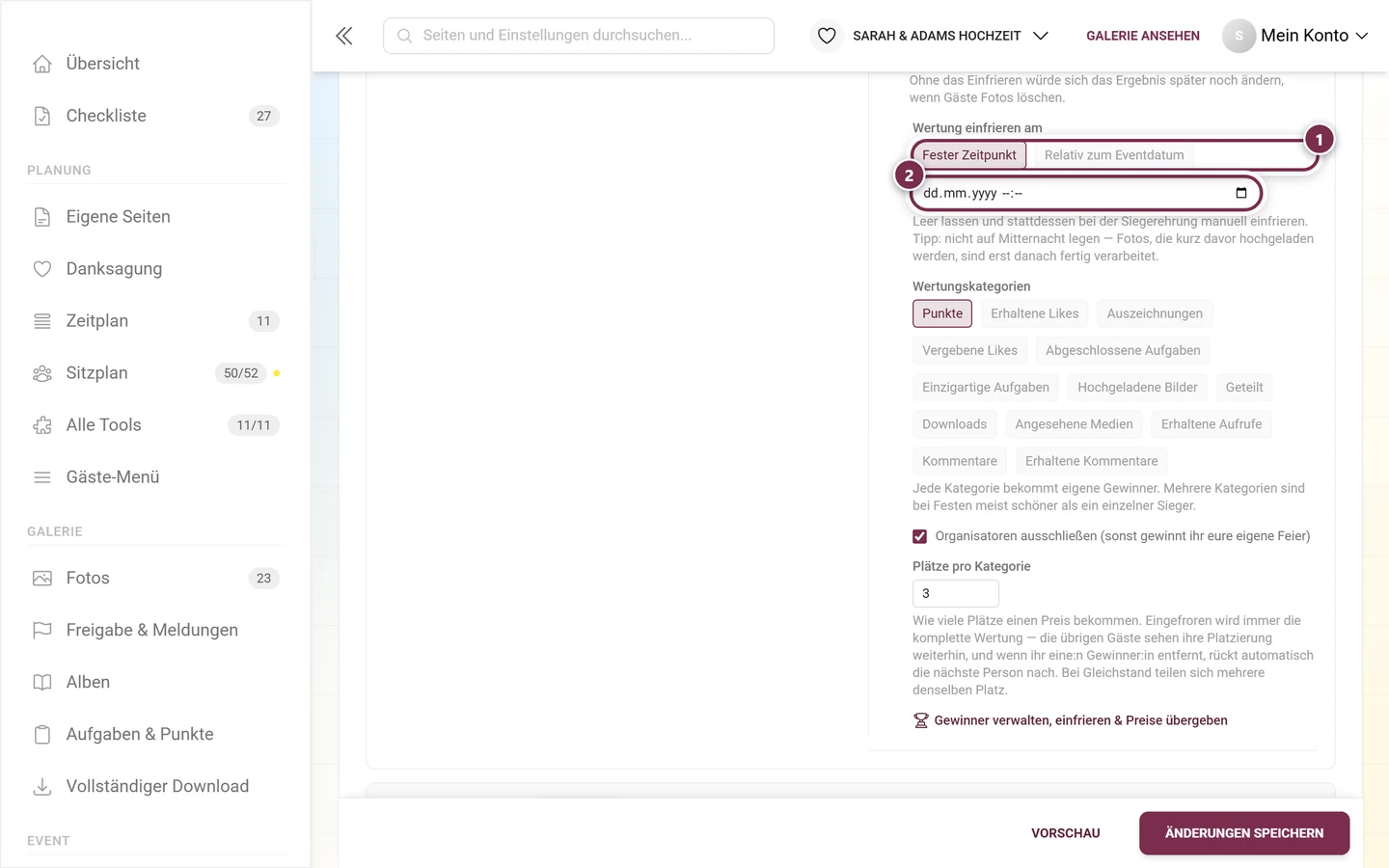 Die beiden Betriebsarten Fester Zeitpunkt und Relativ zum Eventdatum mit dem Datumsfeld darunter