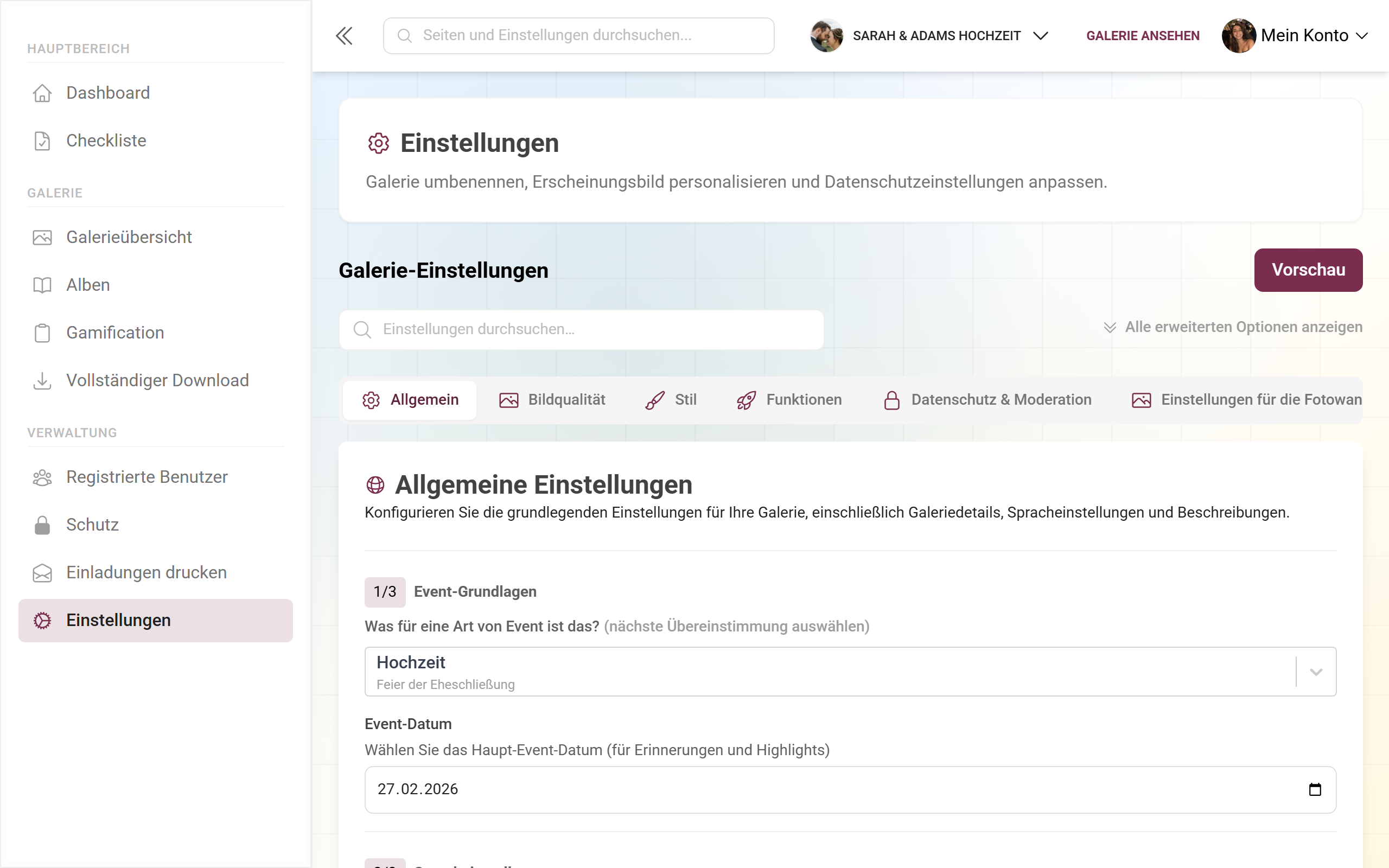 Der Tab Allgemein der Galerie-Einstellungen mit den Abschnitten Event-Grundlagen, Spracheinstellungen und Galerieinhalt