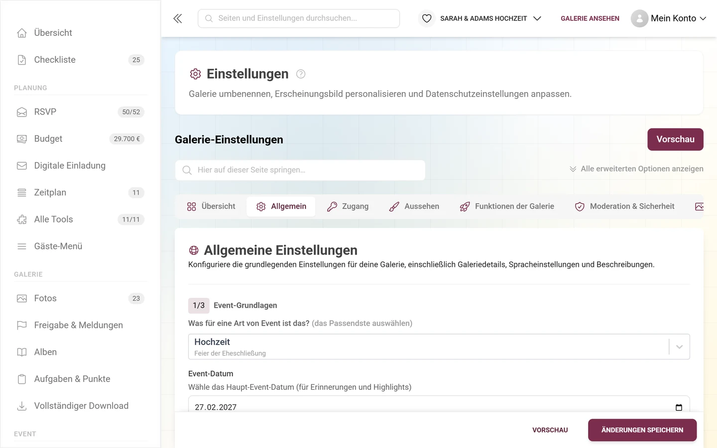 Der Tab Allgemein der Galerie-Einstellungen mit den Abschnitten Event-Grundlagen, Spracheinstellungen und Galerieinhalt