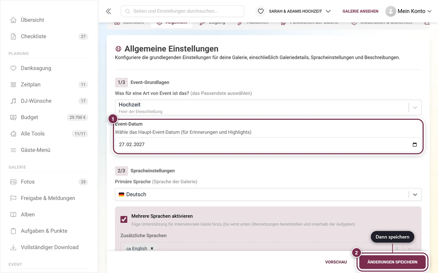 Feld Event-Datum in den allgemeinen Einstellungen mit Markierung und Speicherleiste