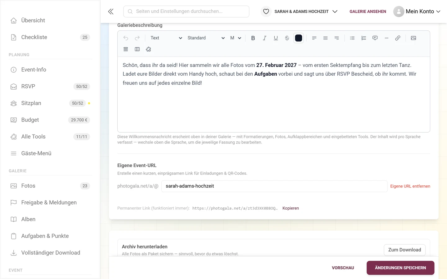Eigene Event-URL mit Eingabefeld und permanentem Link darunter