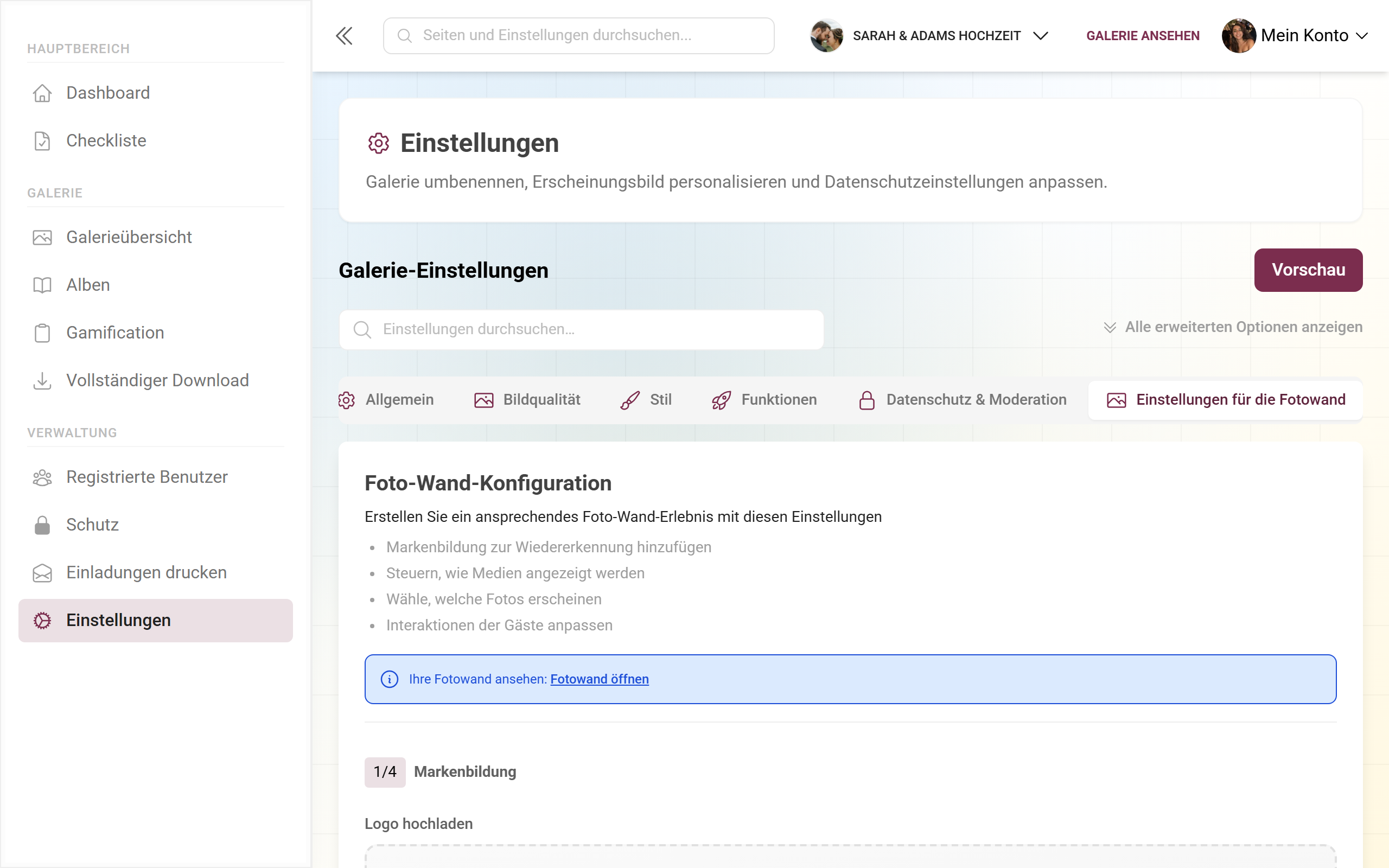 Settings-Tab Photo Wall mit Anzeigeoptionen