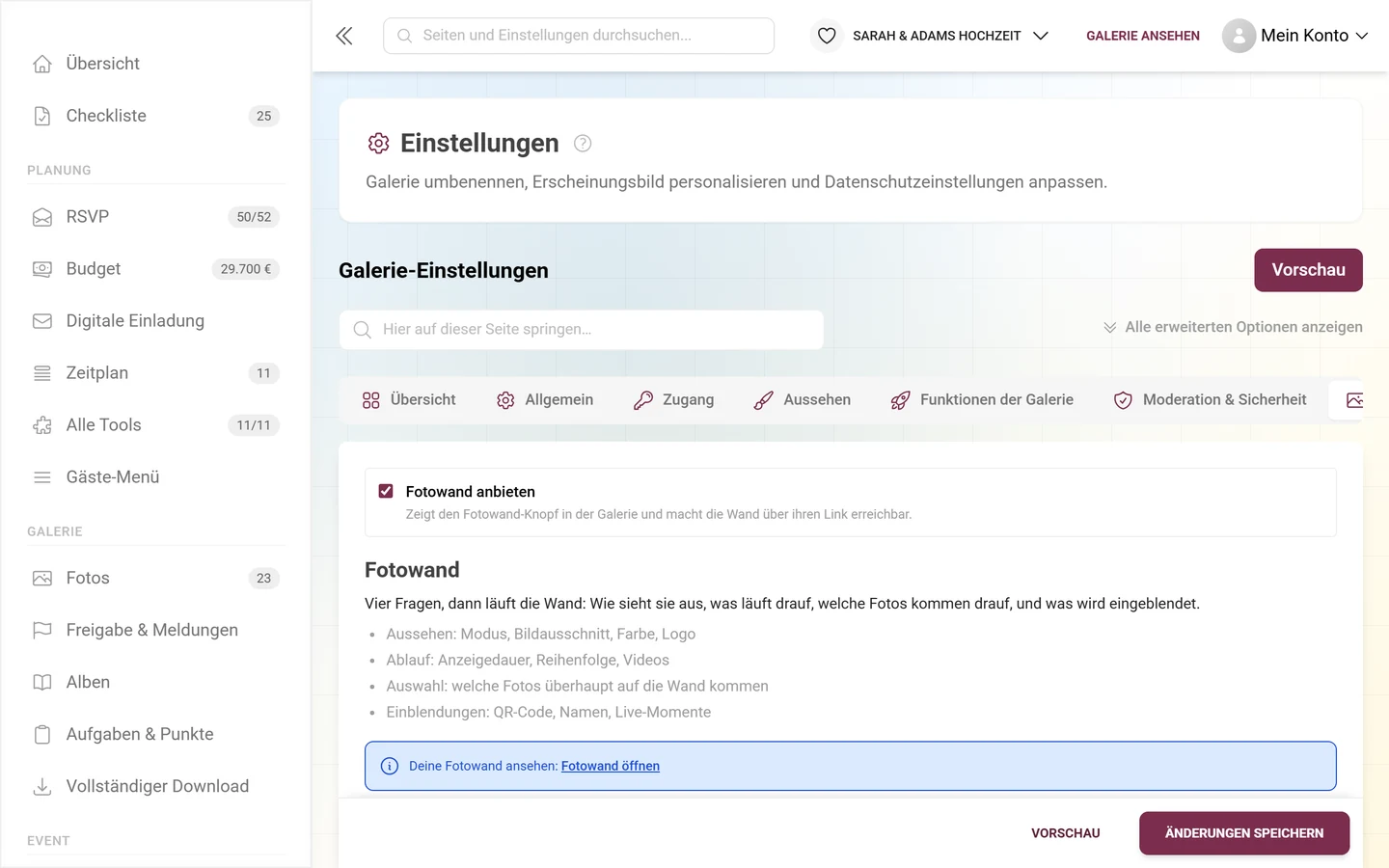Fotowand-Tab mit dem Schalter Fotowand anbieten, der Überschrift Fotowand und der Übersicht über Aussehen, Ablauf, Auswahl und Einblendungen