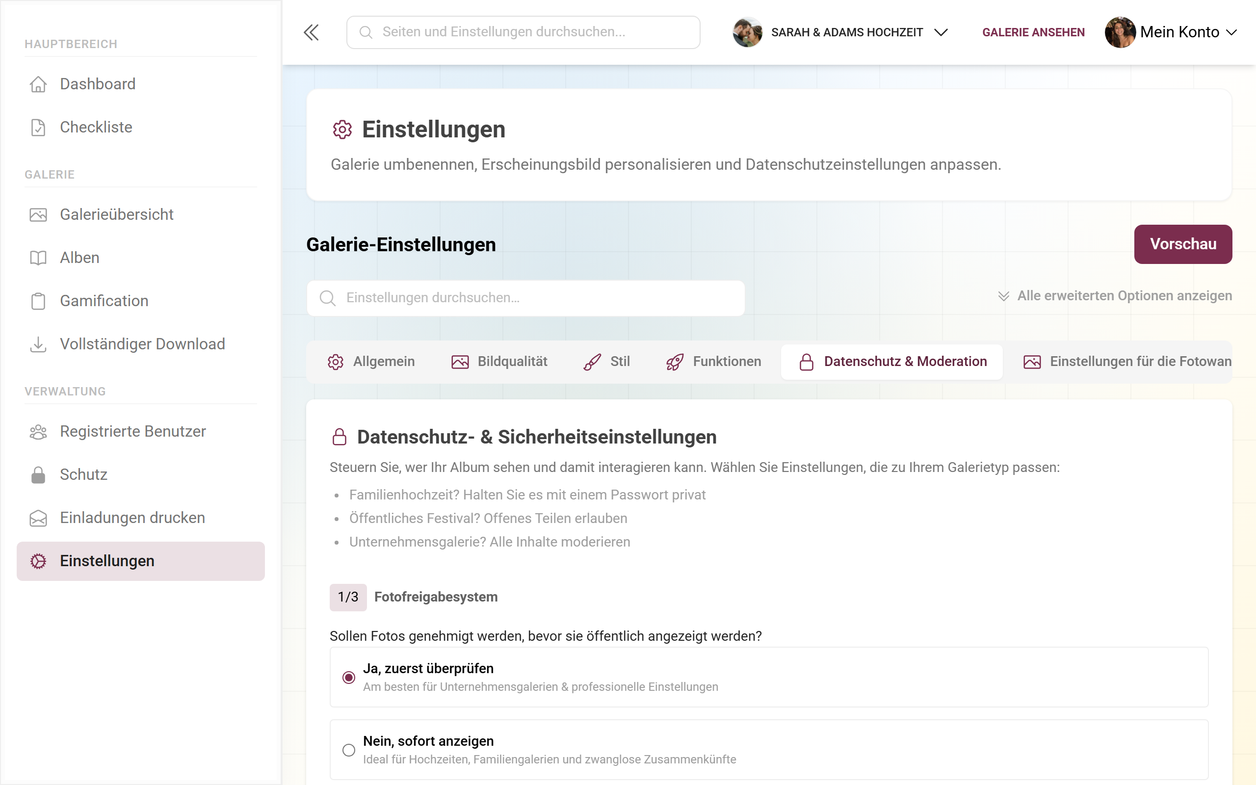 Settings-Tab Privacy und Moderation