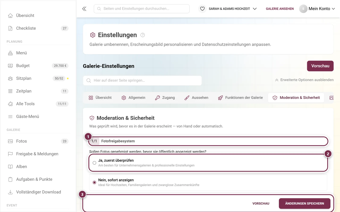 Einstellungs-Reiter Moderation und Sicherheit im Gastgeber-Bereich