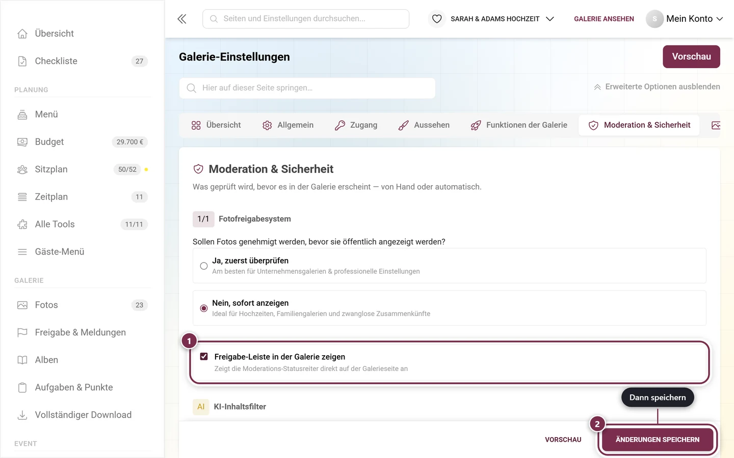Karte Freigabe-Leiste in der Galerie zeigen mit markiertem Schalter und Speicherleiste