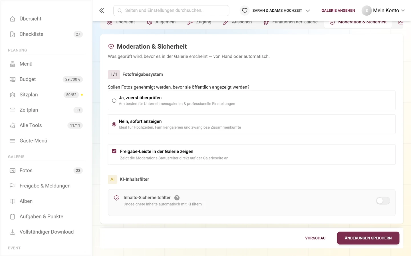 Karte Inhalts-Sicherheitsfilter mit AI-Abzeichen und Schalter, darüber Fotofreigabesystem und Freigabe-Leiste
