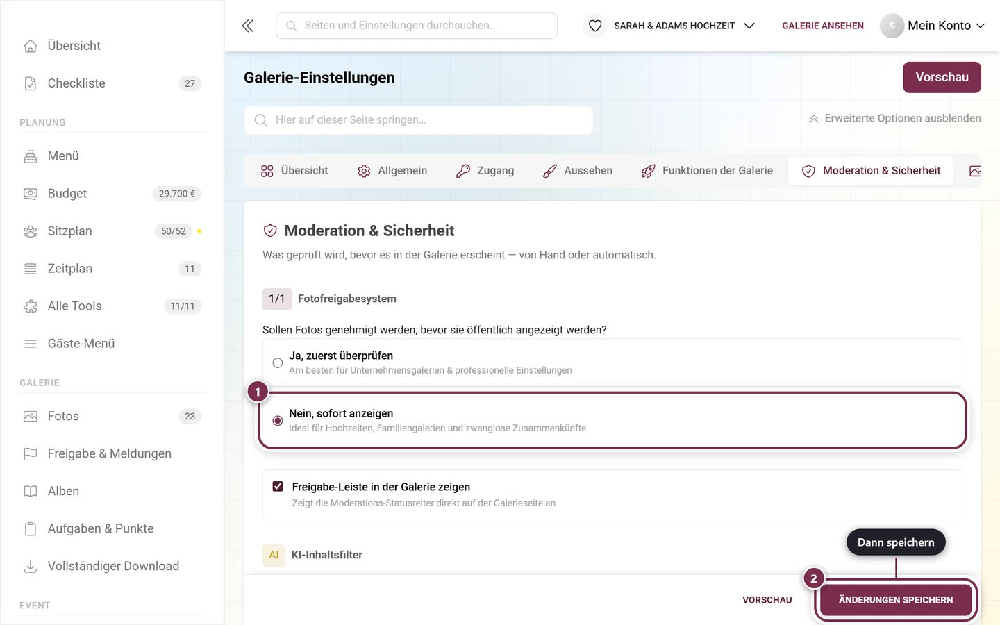 Fotofreigabesystem mit markierter Option „Nein, sofort anzeigen“ und Speicherleiste