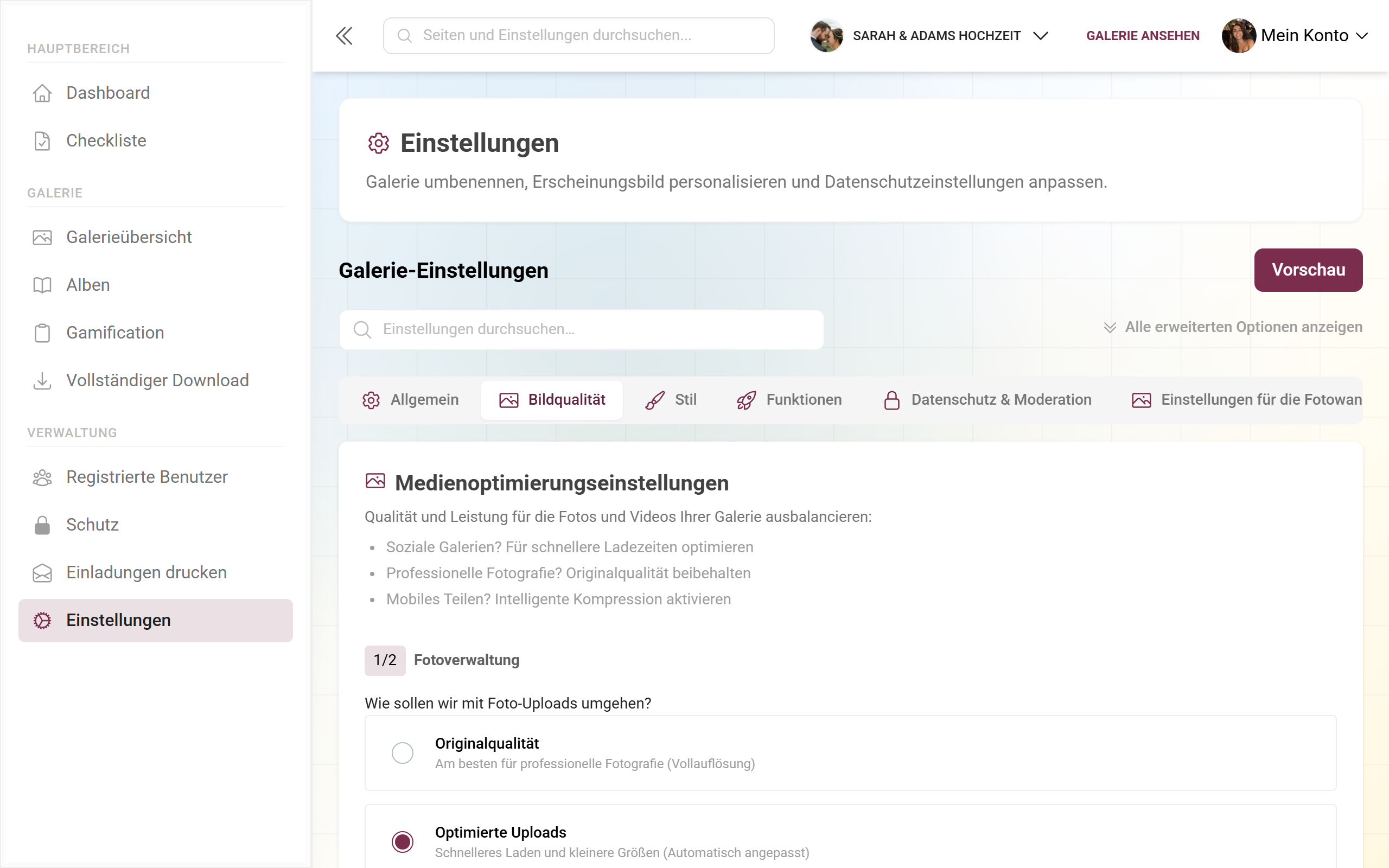 Tab Bildqualität mit Fotoverwaltung und Videoverwaltung
