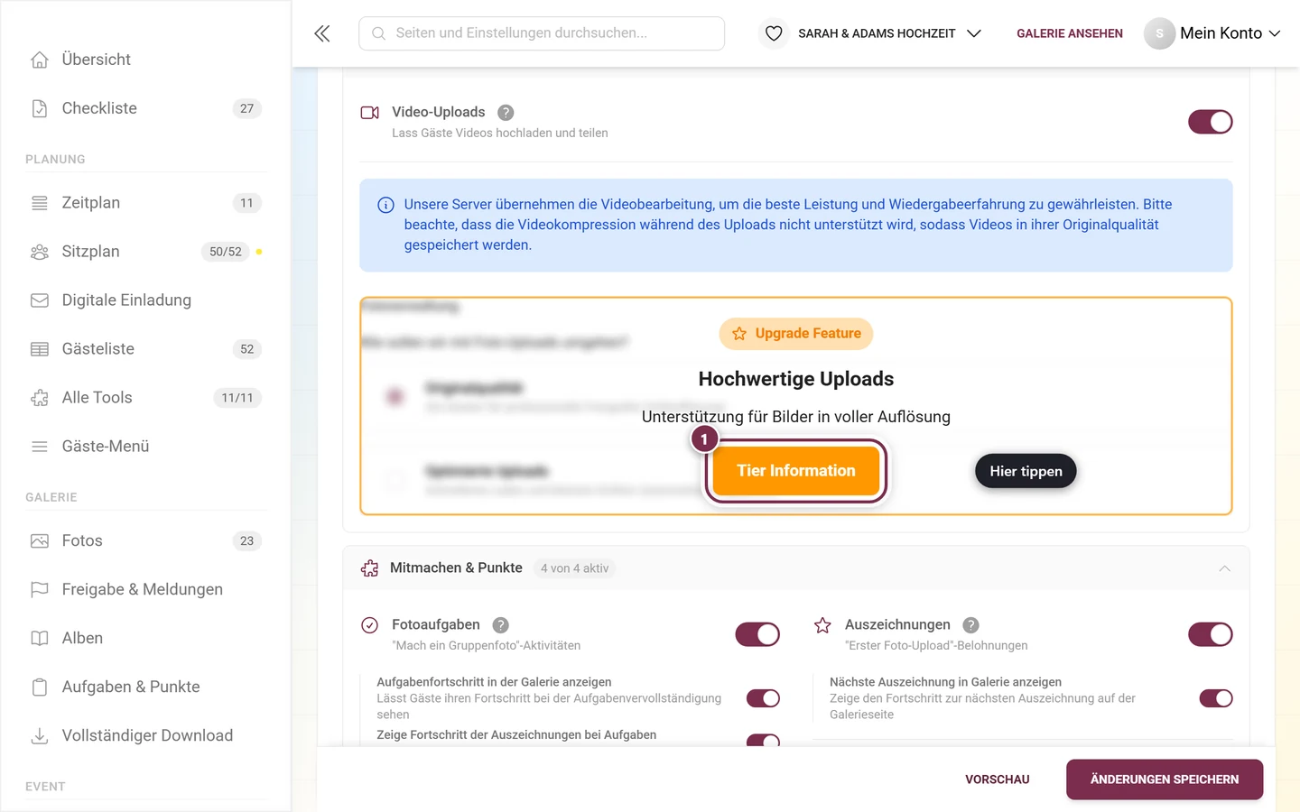 Block Fotoverwaltung von einem orangefarbenen Upgrade-Hinweis überdeckt, der Knopf ist markiert