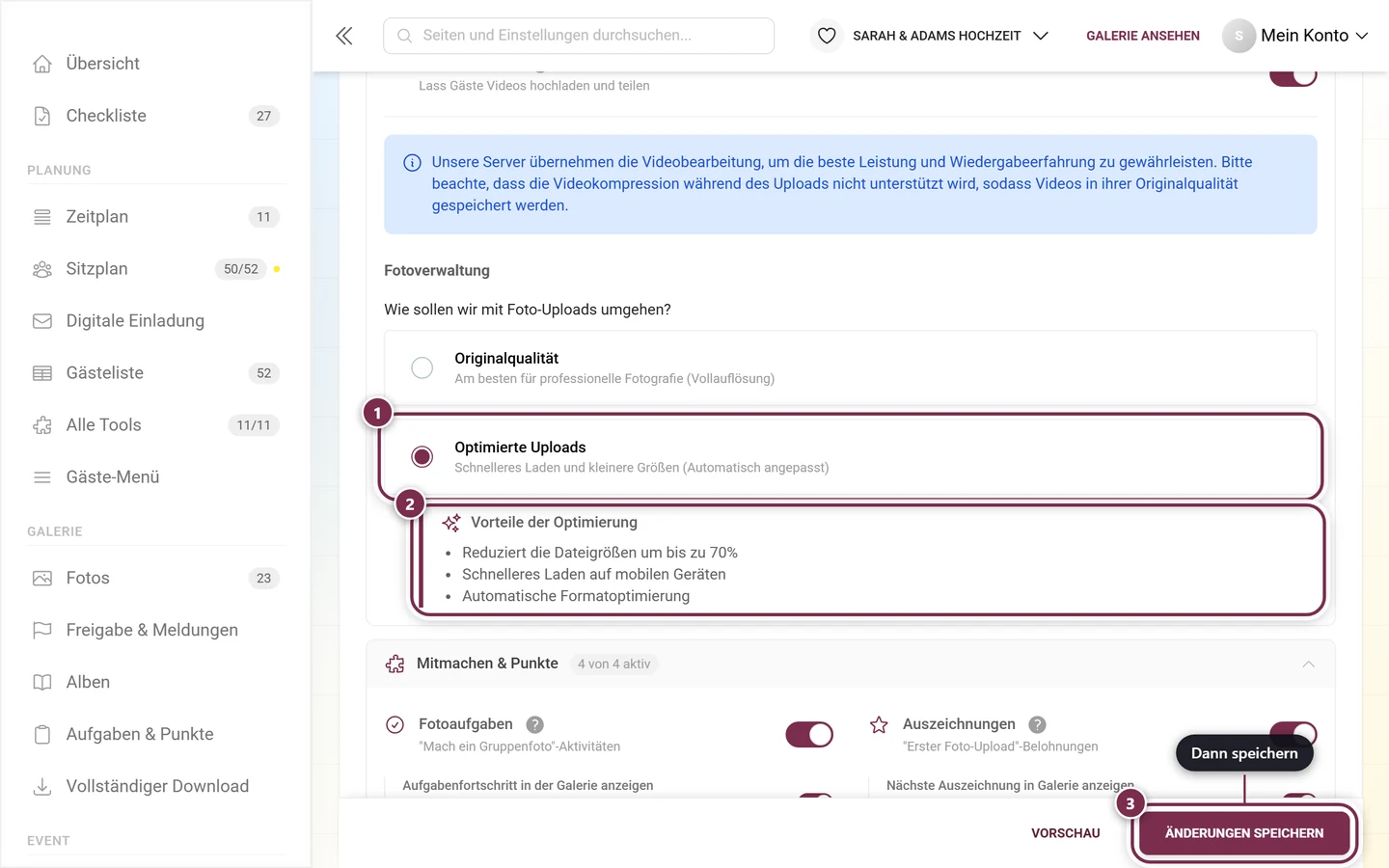 Optimierte Uploads gewählt, darunter der eingeblendete Kasten Vorteile der Optimierung, unten die Speicherleiste