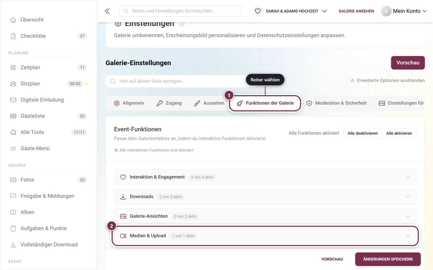 Reiter Funktionen der Galerie markiert, darunter der markierte Faltbereich Medien und Upload
