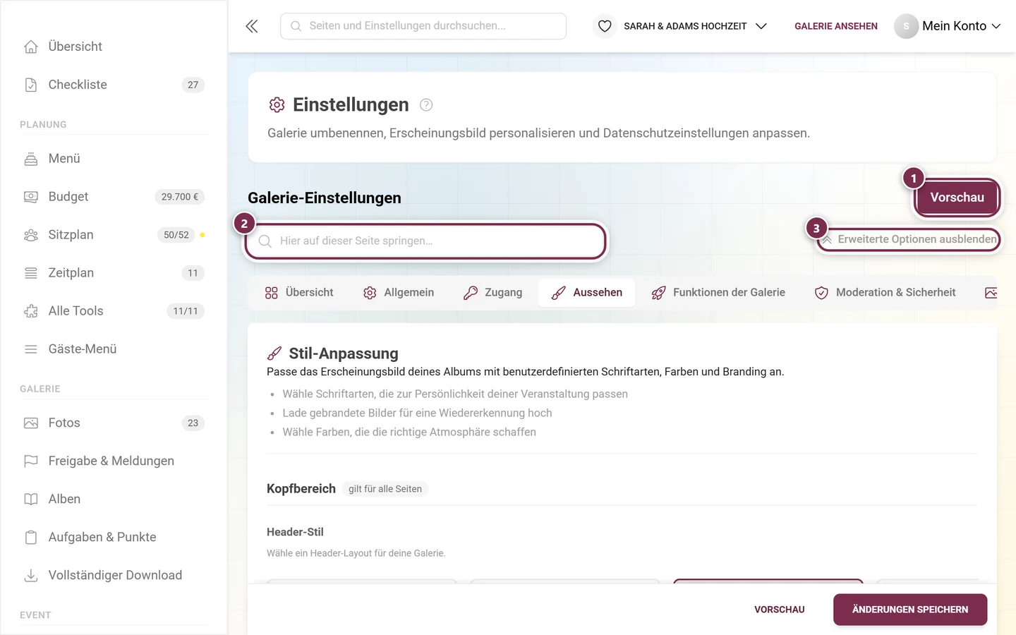 Einstellungen für das Aussehen mit Logo, Farben und Coverbild