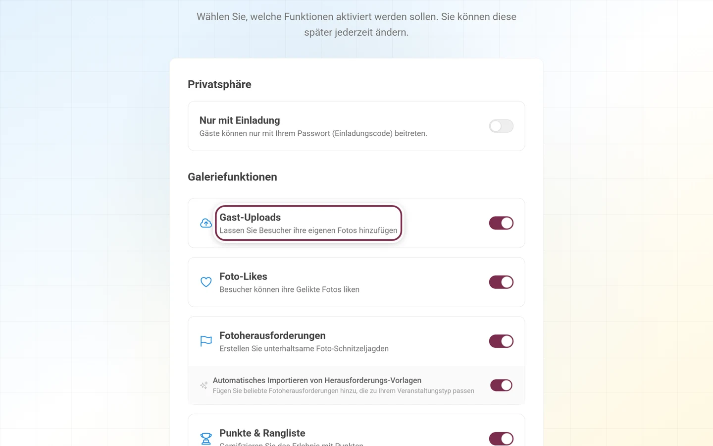 Assistentenschritt Bereit zum Start mit der Schalterliste unter Galeriefunktionen