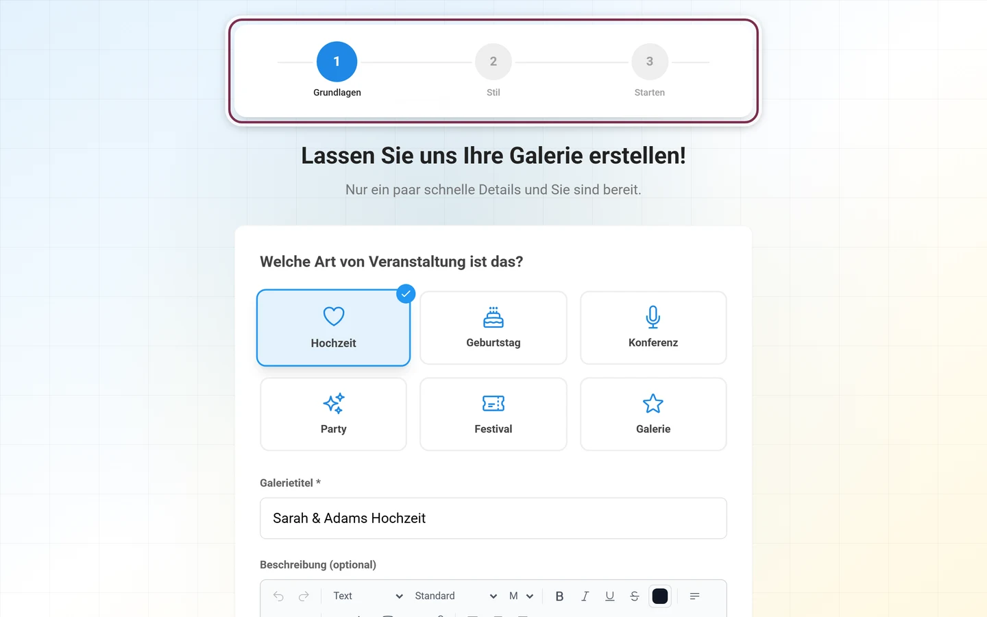 Startbildschirm des Einrichtungs-Assistenten mit der Schrittanzeige über dem Formular