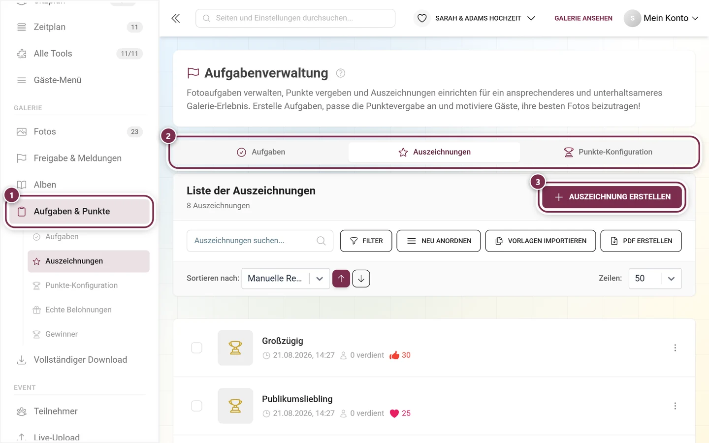 Seitenleiste mit aufgeklapptem Eintrag Aufgaben und Punkte