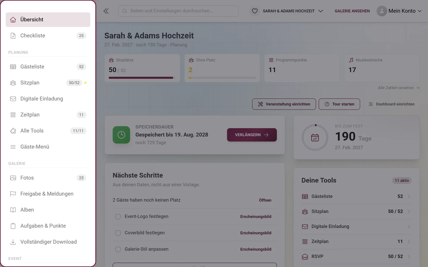 Seitenleiste des Admin-Bereichs mit der Gruppe Planung, aktiven Tools und dem Eintrag Alle Tools