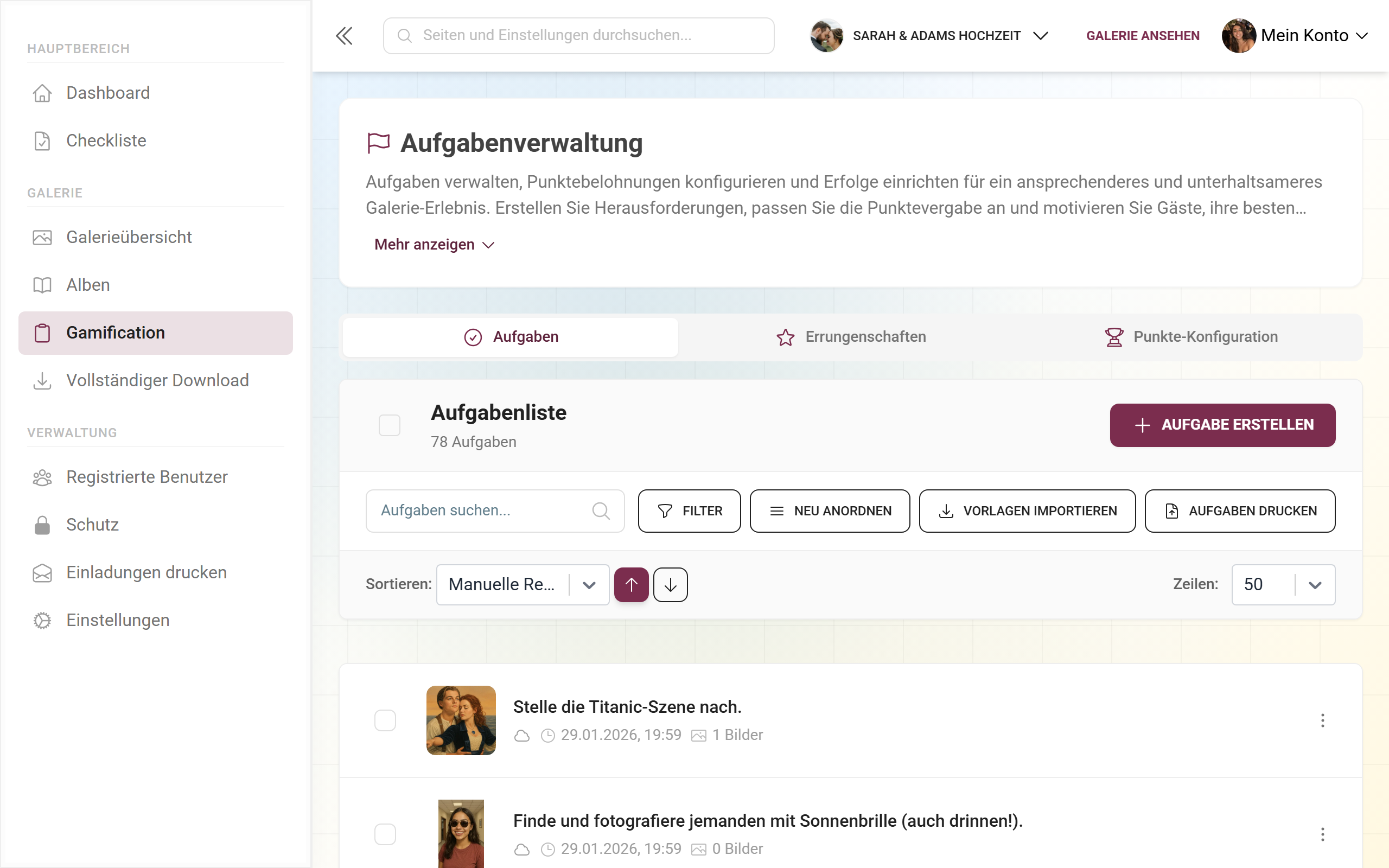 Challenge-Manager mit Tabs für Challenges, Achievements und Punkte