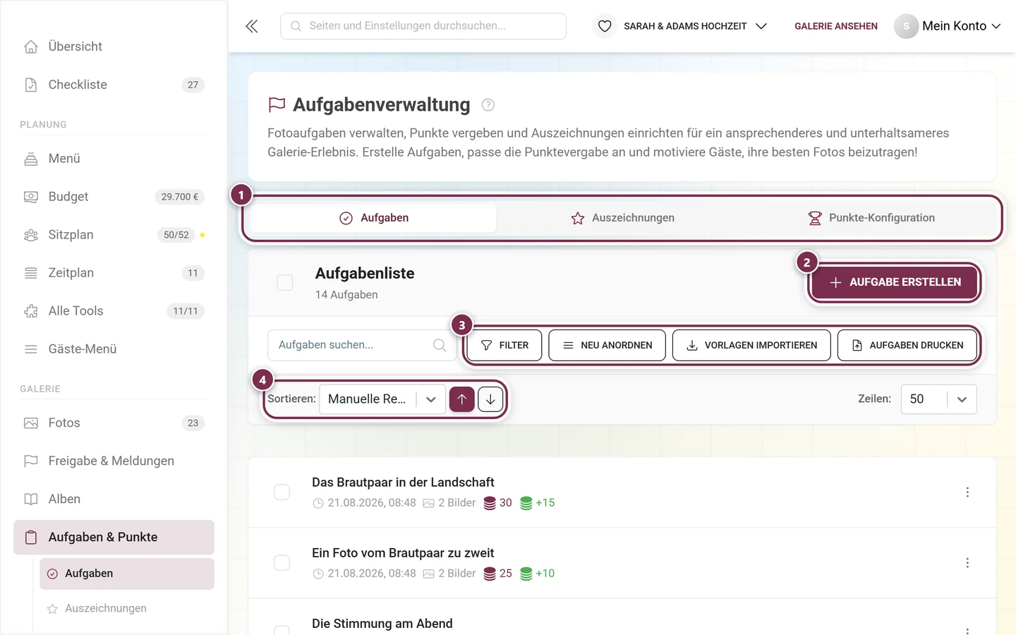 Aufgabenverwaltung im Reiter Aufgaben mit markierter Reiterleiste, Erstellen-Knopf, Werkzeugleiste und Sortierzeile