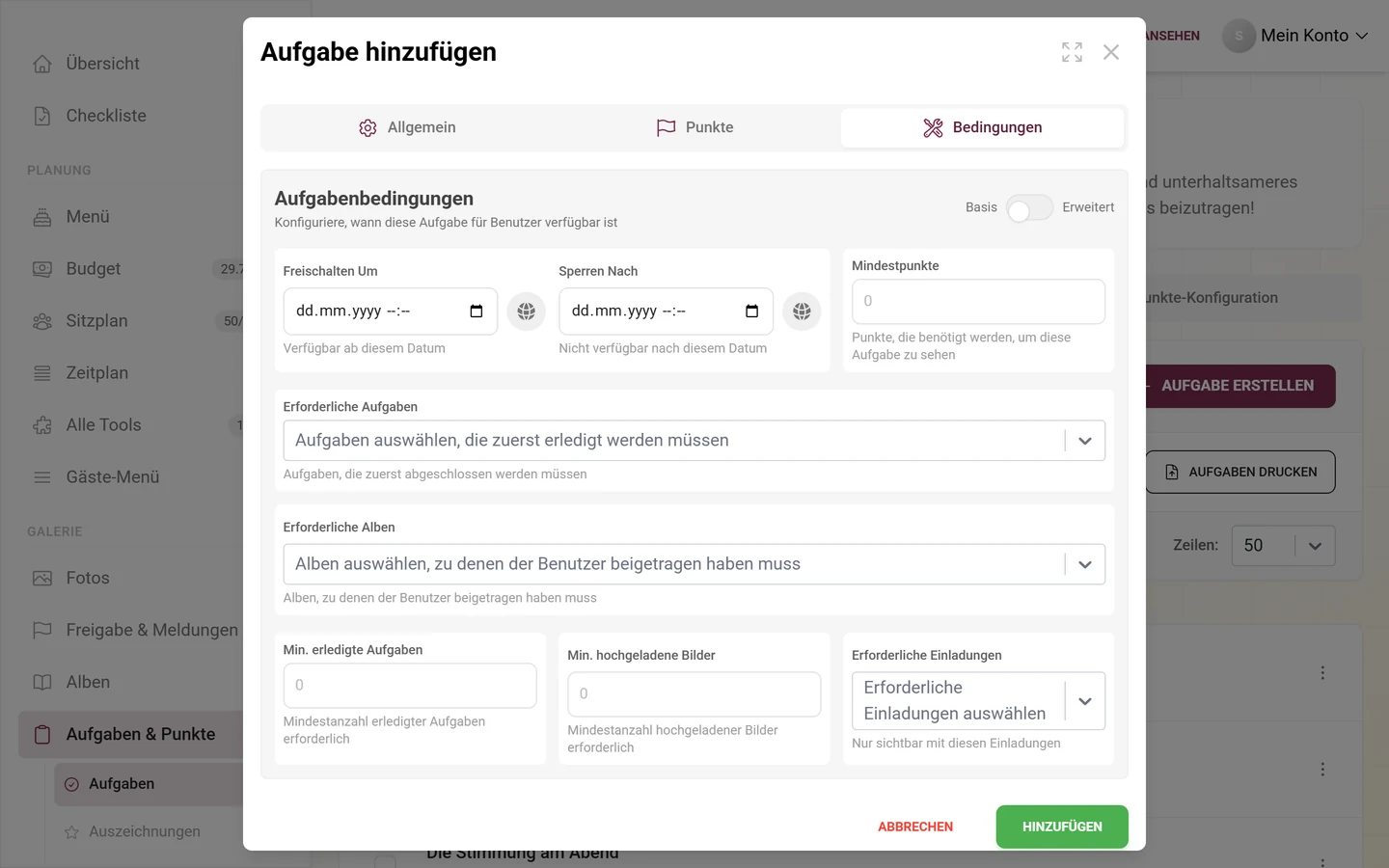 Reiter Bedingungen im Aufgaben-Editor mit den Umschaltern Basis und Erweitert