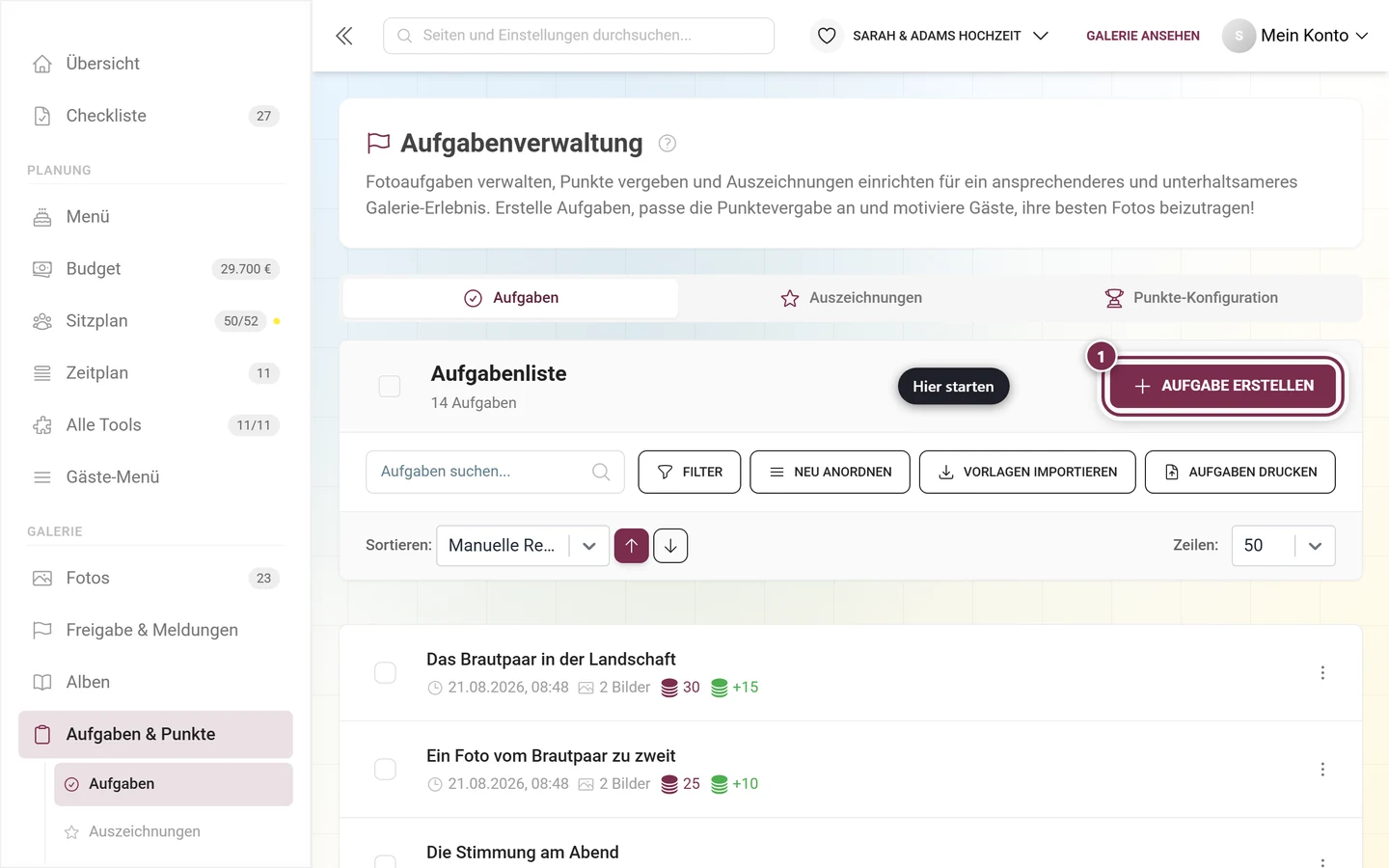 Aufgabenverwaltung mit rot markiertem Knopf Aufgabe erstellen rechts oben über der Werkzeugleiste