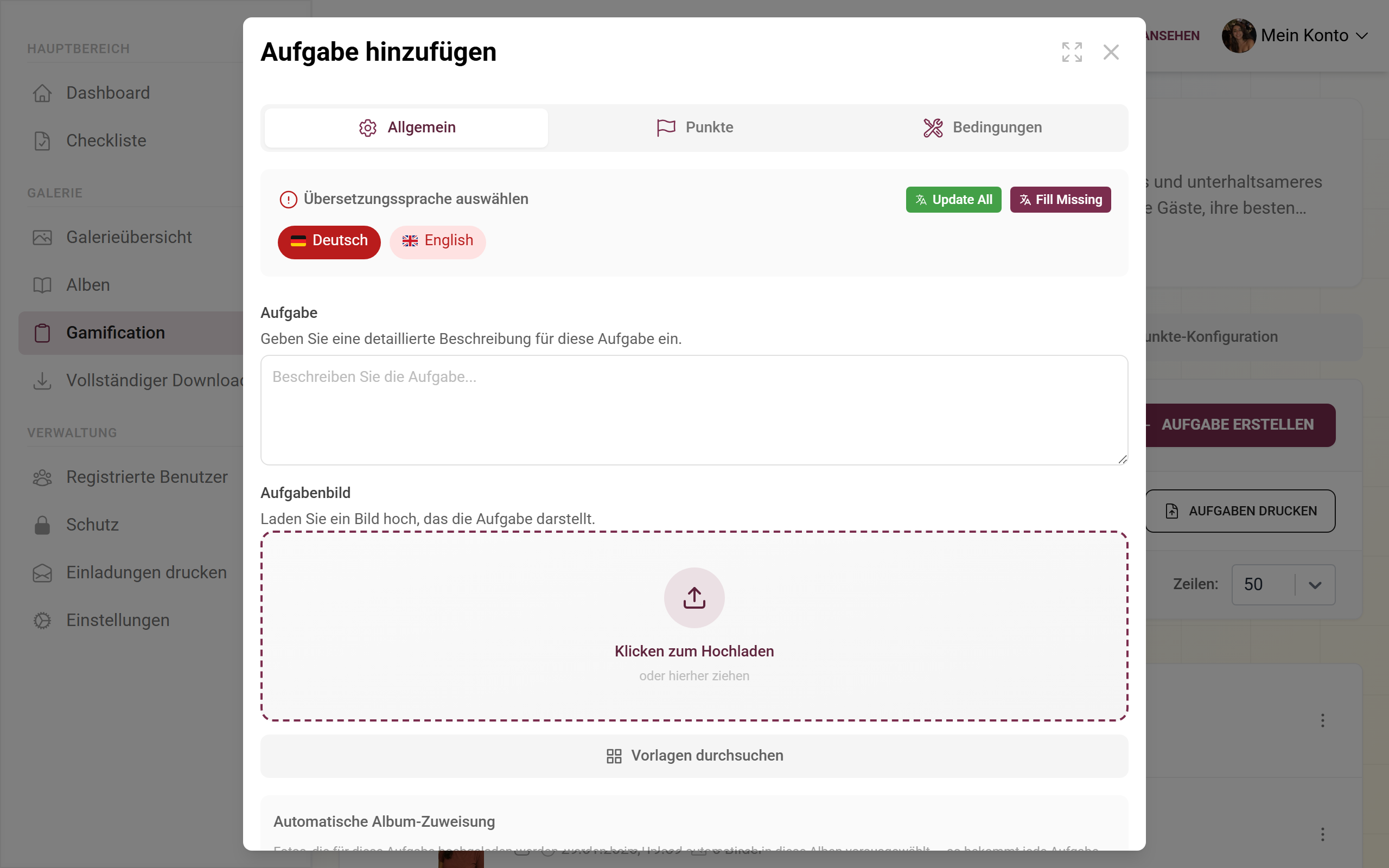 Aufgaben-Editor mit Feldern für Task, Referenzbild, Punkte und Typ