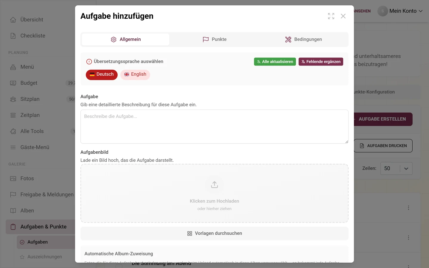 Aufgaben-Editor mit Feldern für Aufgabe, Referenzbild, Punkte und Sortierung