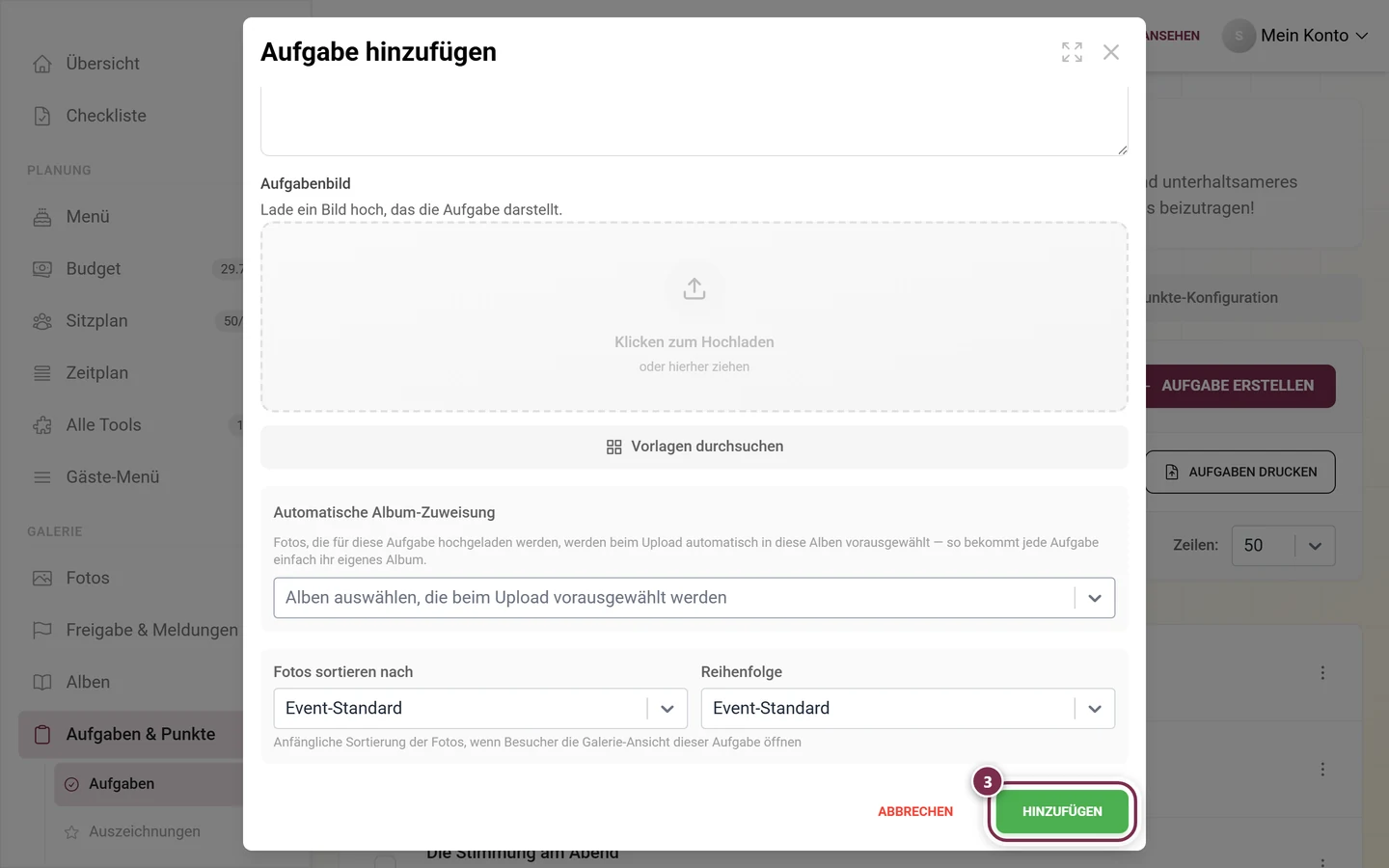 Unteres Ende des Aufgaben-Editors mit rot markiertem Knopf Hinzufügen neben Abbrechen